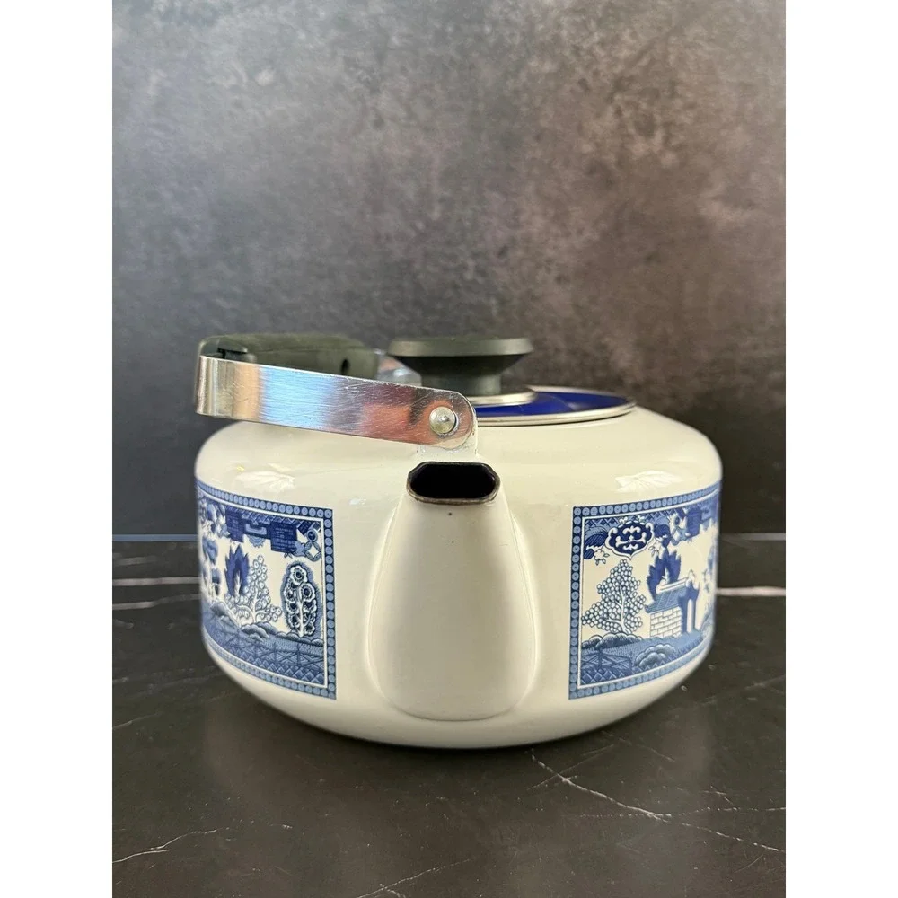 Vintage 1960s Howard Holt Blue Willow Tea Kettle Porcelainized Steel